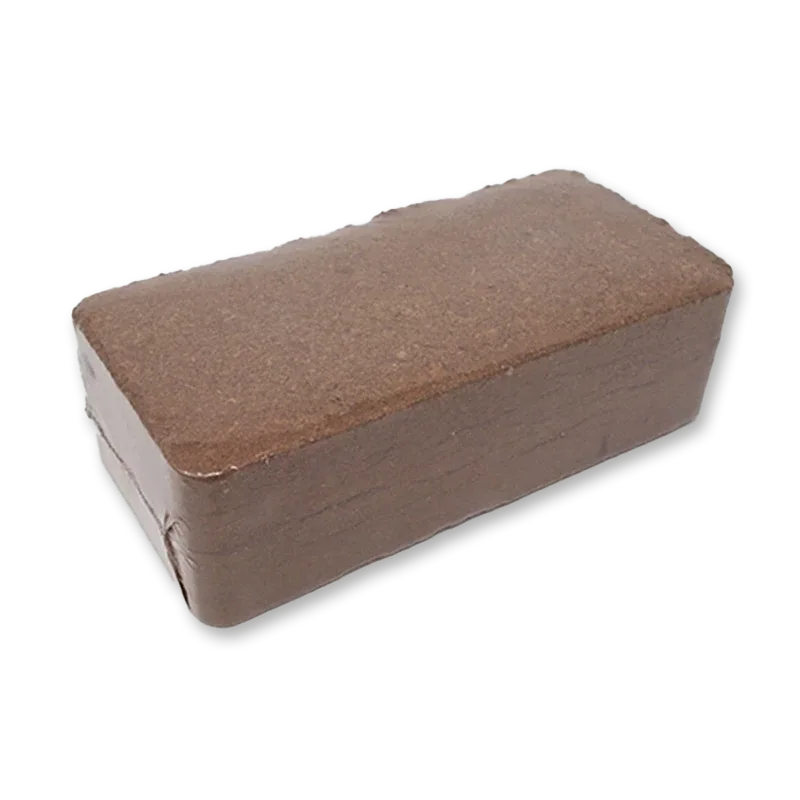 Coco coir brick: a compressed rectangular block of dark brown coconut fibre