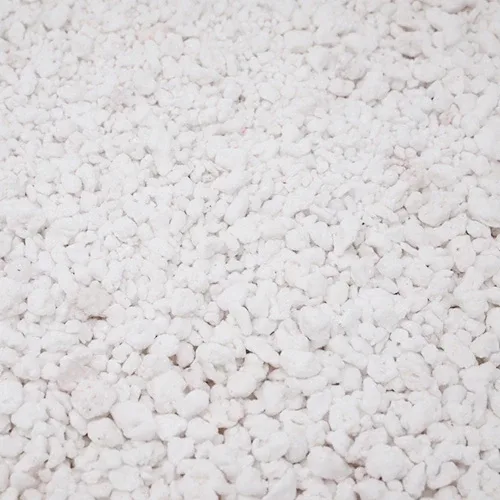 Perlite: irregular chalky white granules of expanded volcanic glass