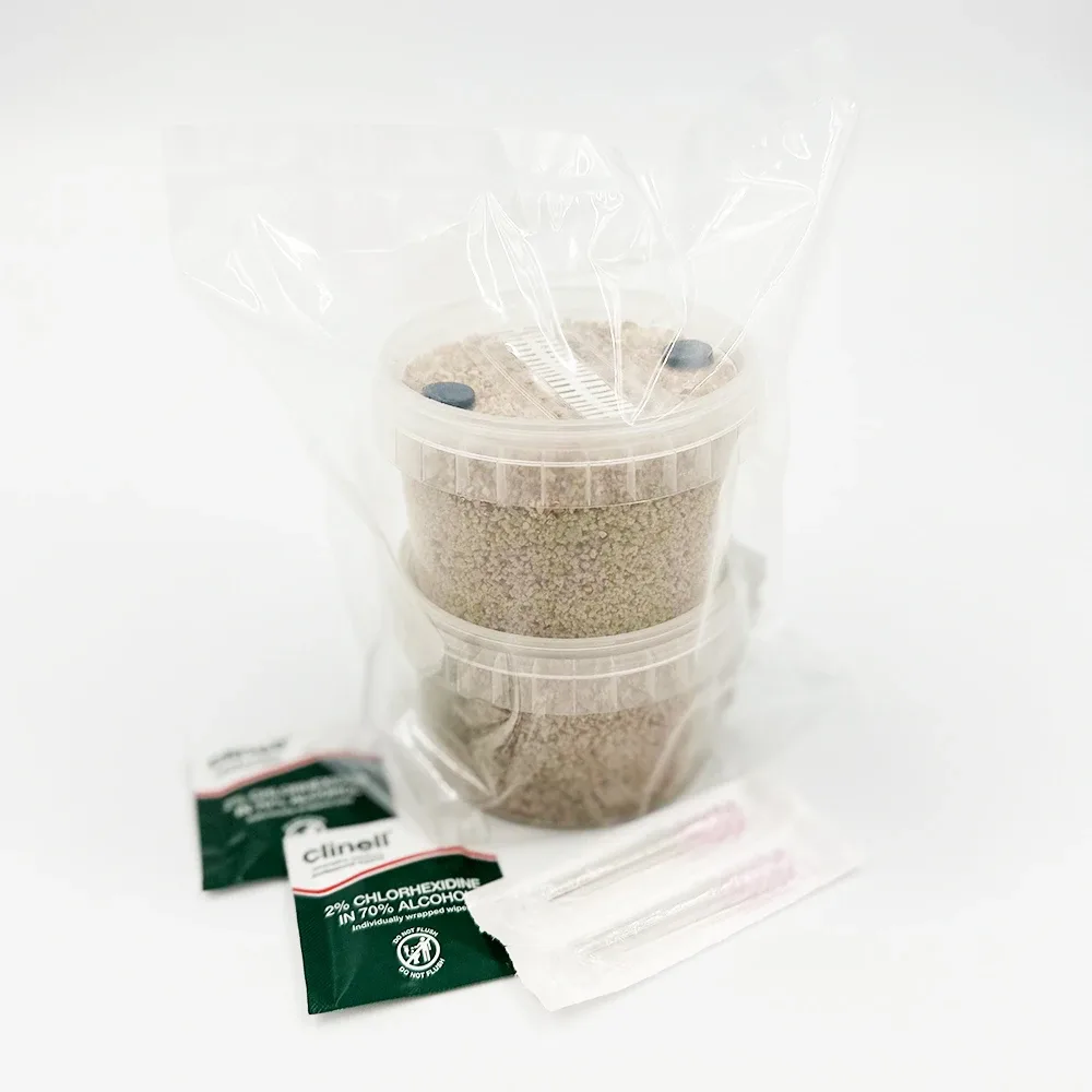 Two PF-Tek MycoPots sealed in bag with wipes and needles