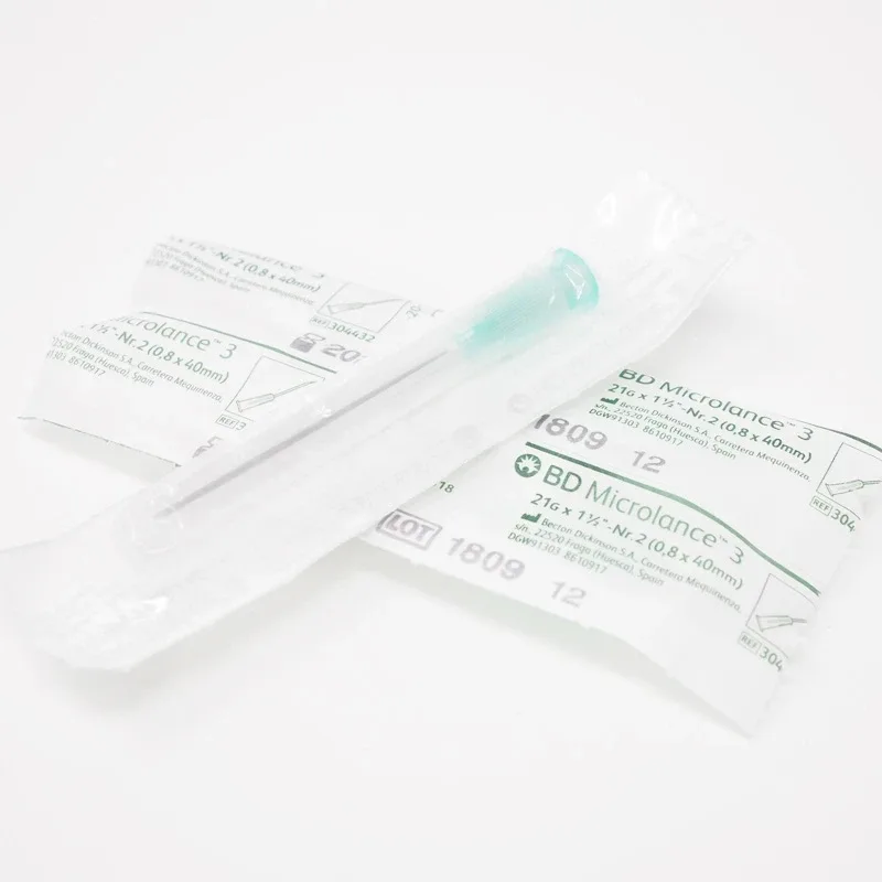 Two sterile 16 gauge 40mm needles in sealed clear packaging