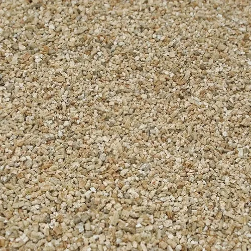 Fine grade vermiculite: small pale gold mineral flakes, finer than the medium grade